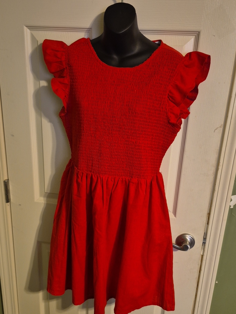 Red Ruffled Sleeve Smocked Waist Dress
